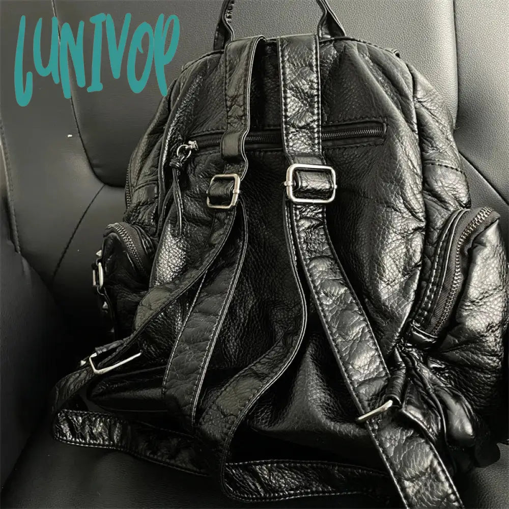 Lunivop Y2K Black Womens Backpack Vintage Fashion Gothic Soft Pu Leather School Large Capacity Men