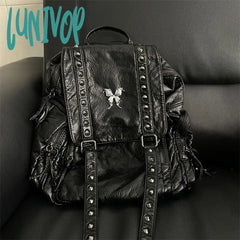 Lunivop Y2K Black Womens Backpack Vintage Fashion Gothic Soft Pu Leather School Large Capacity Men