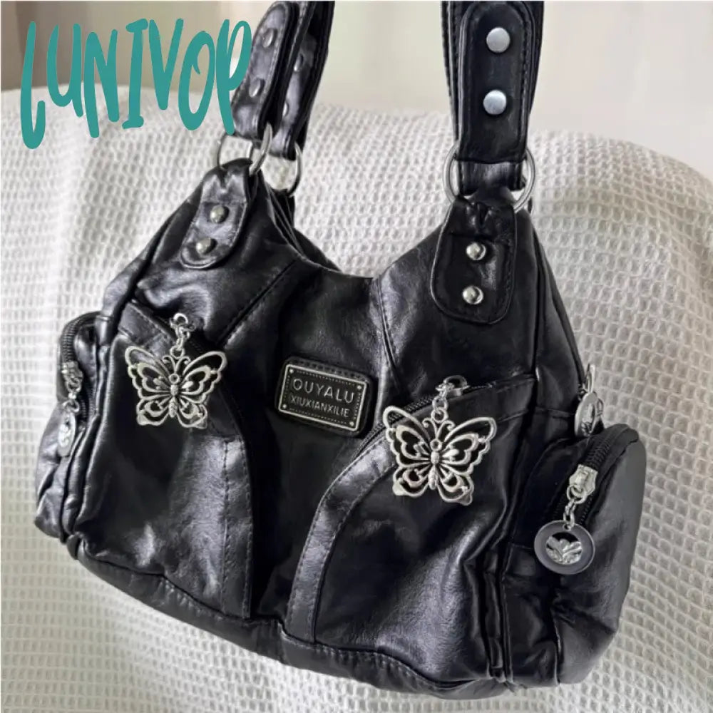 Lunivop Y2K Black Womens Shoulder Bag Gothic Original Advanced Fashion Tote Large Capacity Leather