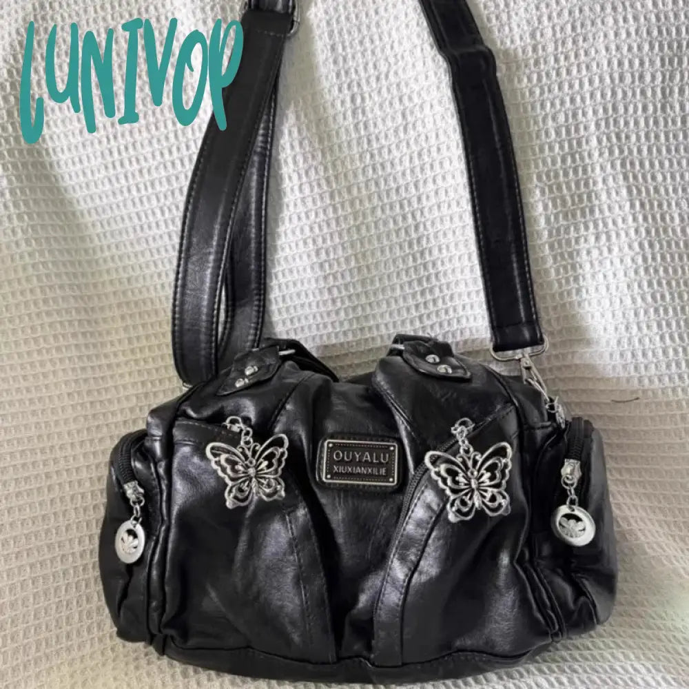 Lunivop Y2K Black Womens Shoulder Bag Gothic Original Advanced Fashion Tote Large Capacity Leather