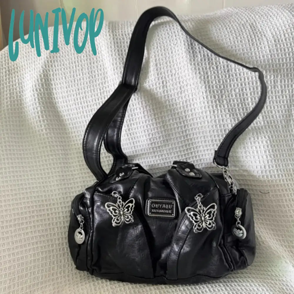 Lunivop Y2K Black Womens Shoulder Bag Gothic Original Advanced Fashion Tote Large Capacity Leather