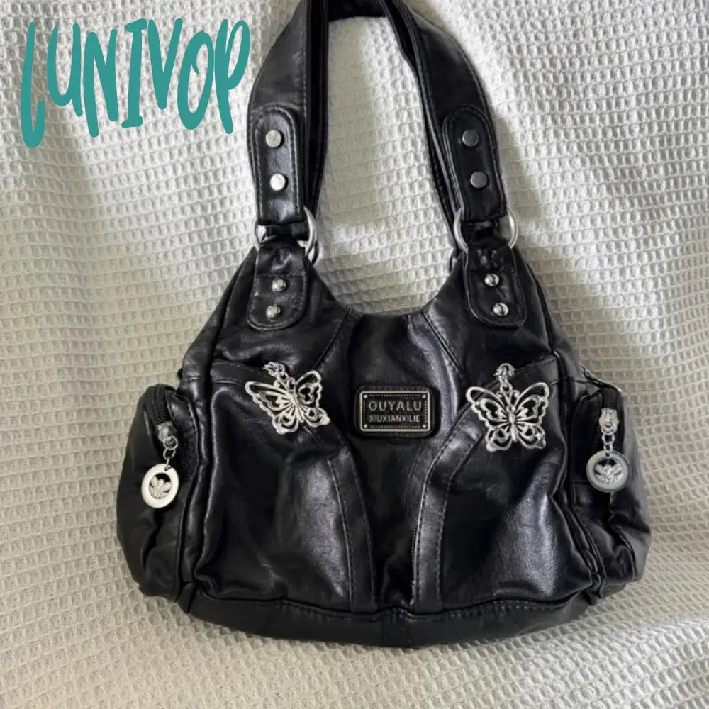 Lunivop Y2K Black Womens Shoulder Bag Gothic Original Advanced Fashion Tote Large Capacity Leather