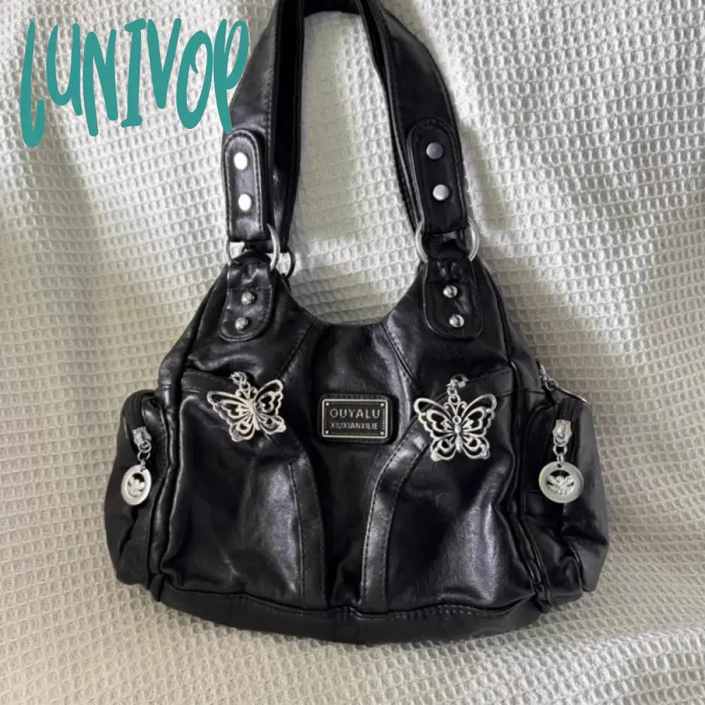 Lunivop Y2K Black Womens Shoulder Bag Gothic Original Advanced Fashion Tote Large Capacity Leather