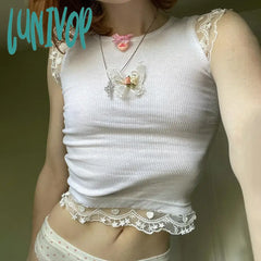 Lunivop Y2K Butterfly Floral Tank Tops Lace Trim Grunge Fairycore Crop Knitted White O Neck Mini