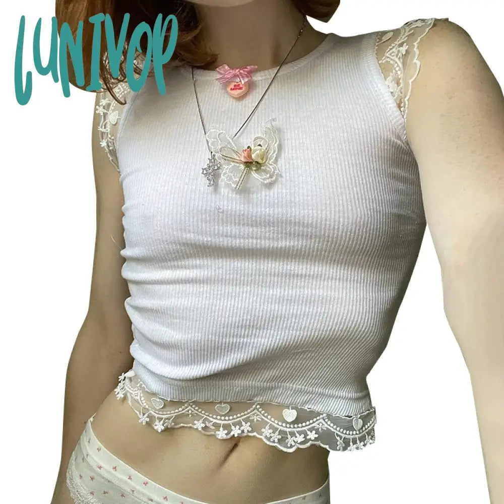 Lunivop Y2K Butterfly Floral Tank Tops Lace Trim Grunge Fairycore Crop Knitted White O Neck Mini