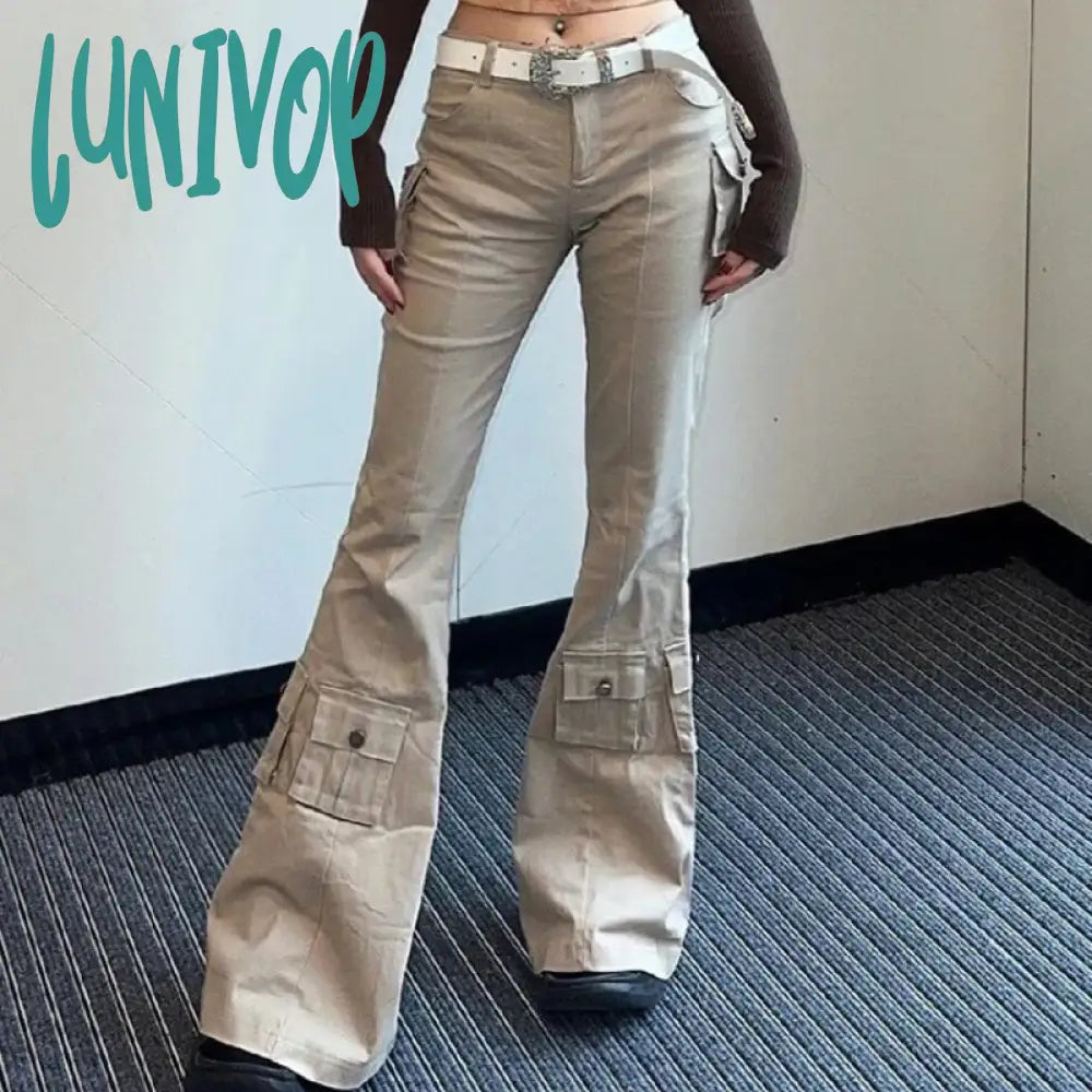 Lunivop Y2K Cargo Flare Jeans Woman Vintage Harajuku Office Lady Pocket Denim Pants America Retro