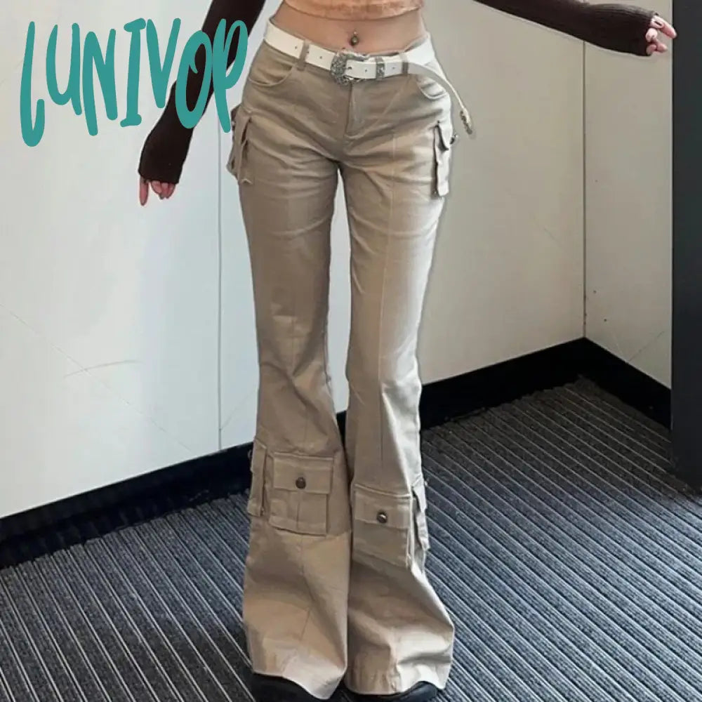 Lunivop Y2K Cargo Flare Jeans Woman Vintage Harajuku Office Lady Pocket Denim Pants America Retro