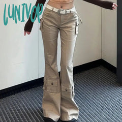 Lunivop Y2K Cargo Flare Jeans Woman Vintage Harajuku Office Lady Pocket Denim Pants America Retro