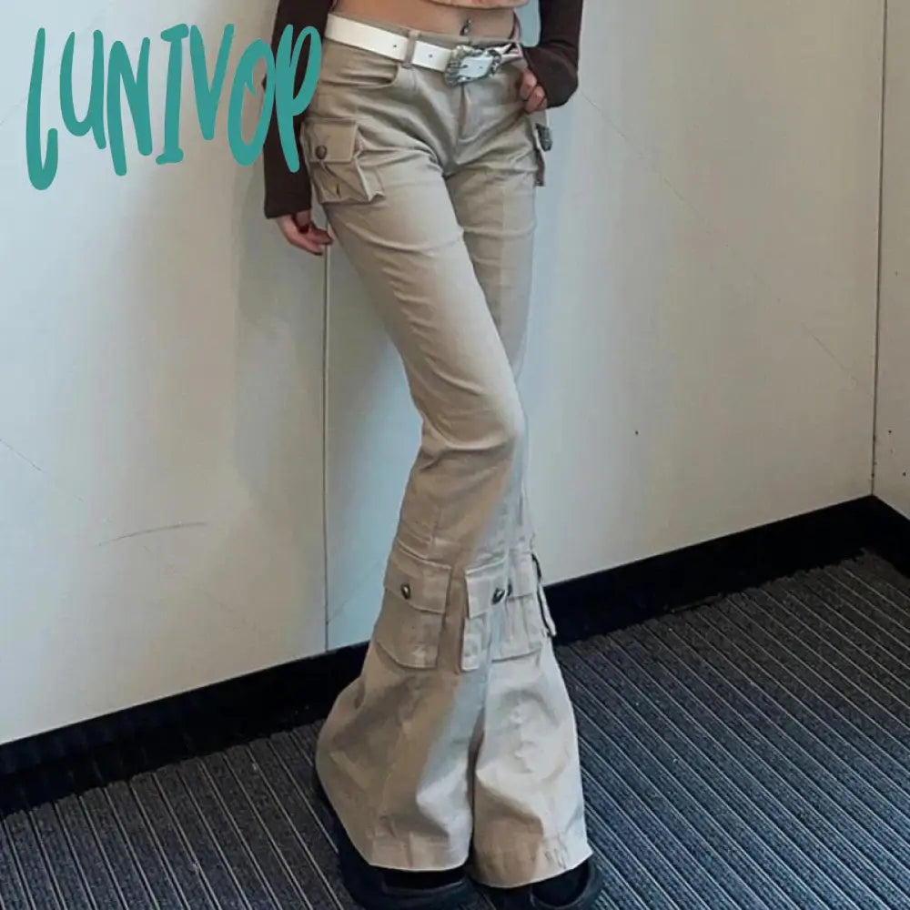 Lunivop Y2K Cargo Flare Jeans Woman Vintage Harajuku Office Lady Pocket Denim Pants America Retro