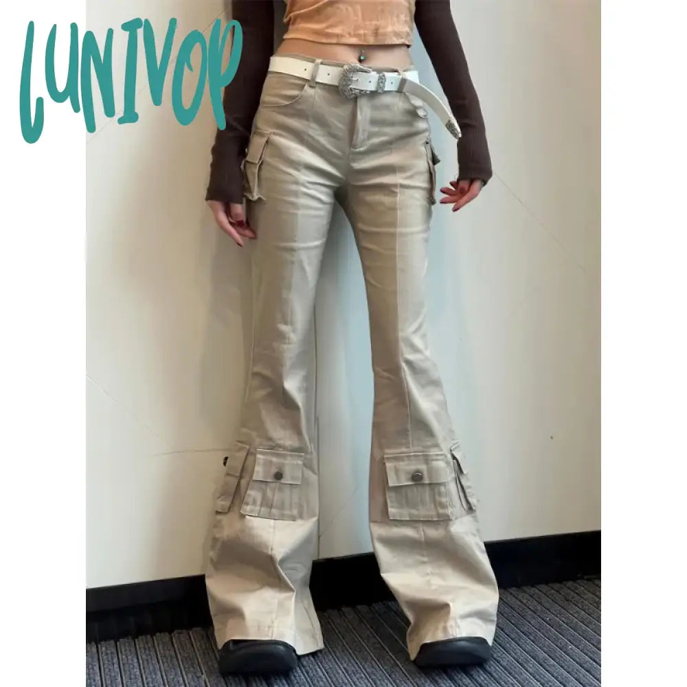 Lunivop Y2K Cargo Flare Jeans Woman Vintage Harajuku Office Lady Pocket Denim Pants America Retro