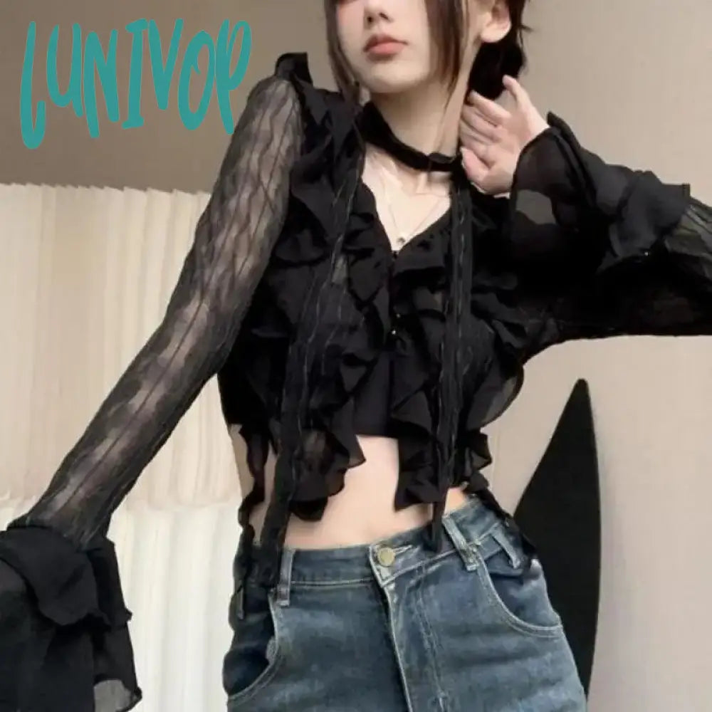 Lunivop Y2K Crop Top Women Lace Blouses Sexy Gothic Grungefemale Shirts Elegant Black Transparent