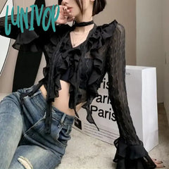 Lunivop Y2K Crop Top Women Lace Blouses Sexy Gothic Grungefemale Shirts Elegant Black Transparent