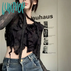 Lunivop Y2K Crop Top Women Lace Blouses Sexy Gothic Grungefemale Shirts Elegant Black Transparent