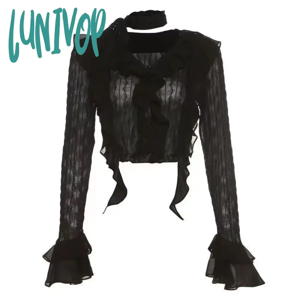 Lunivop Y2K Crop Top Women Lace Blouses Sexy Gothic Grungefemale Shirts Elegant Black Transparent