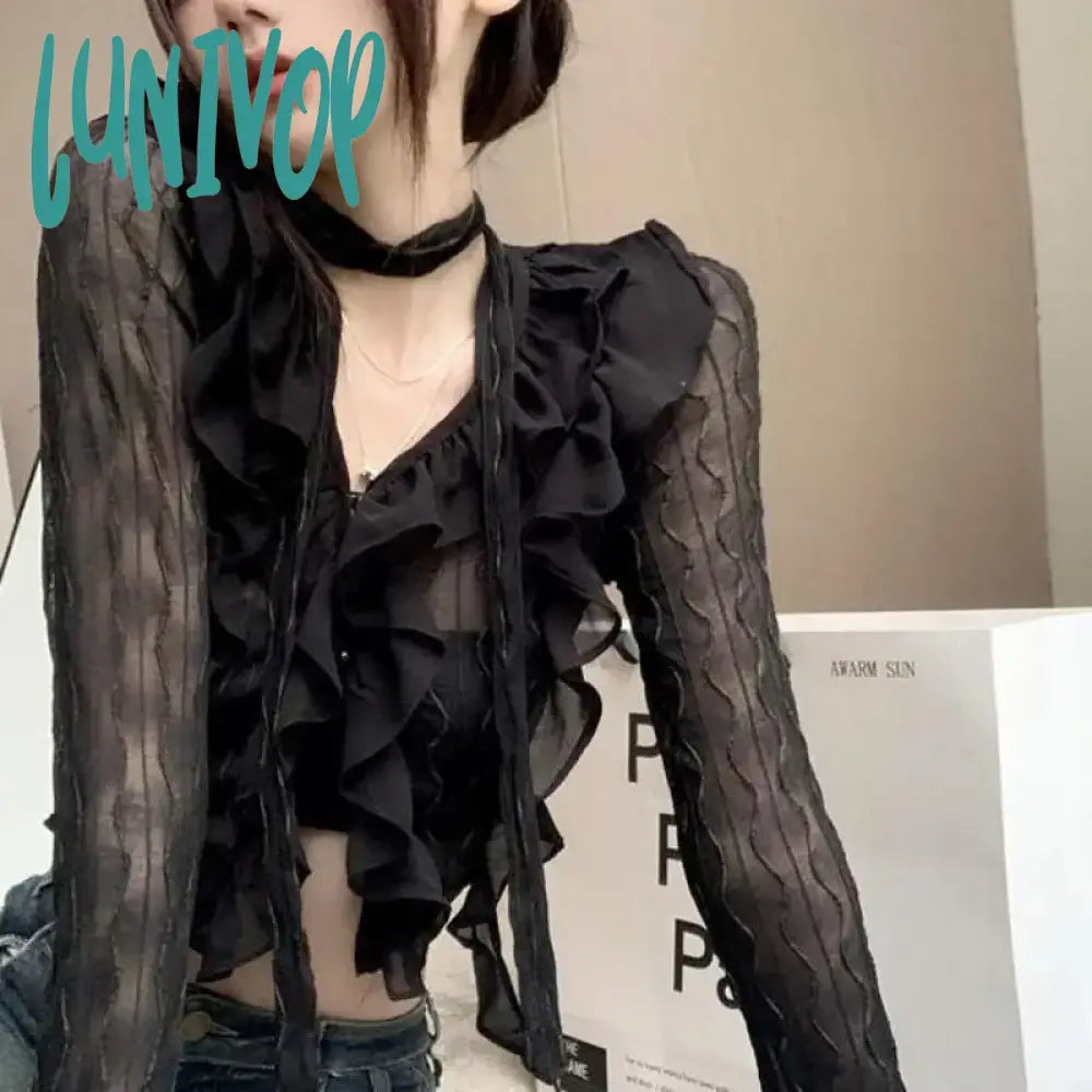 Lunivop Y2K Crop Top Women Lace Blouses Sexy Gothic Grungefemale Shirts Elegant Black Transparent