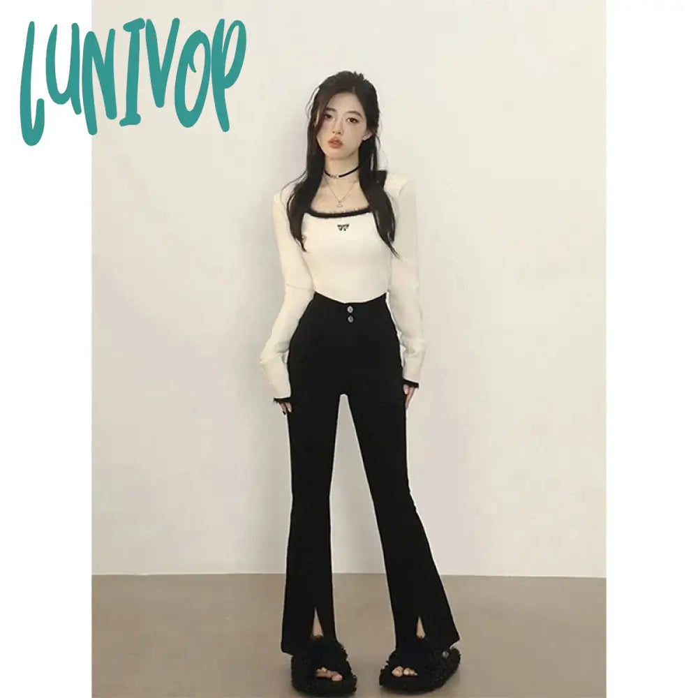 Lunivop Y2K Cropped Knitted Pullovers Women Square Collar Patchwork Sweater Korean Elegant Slim