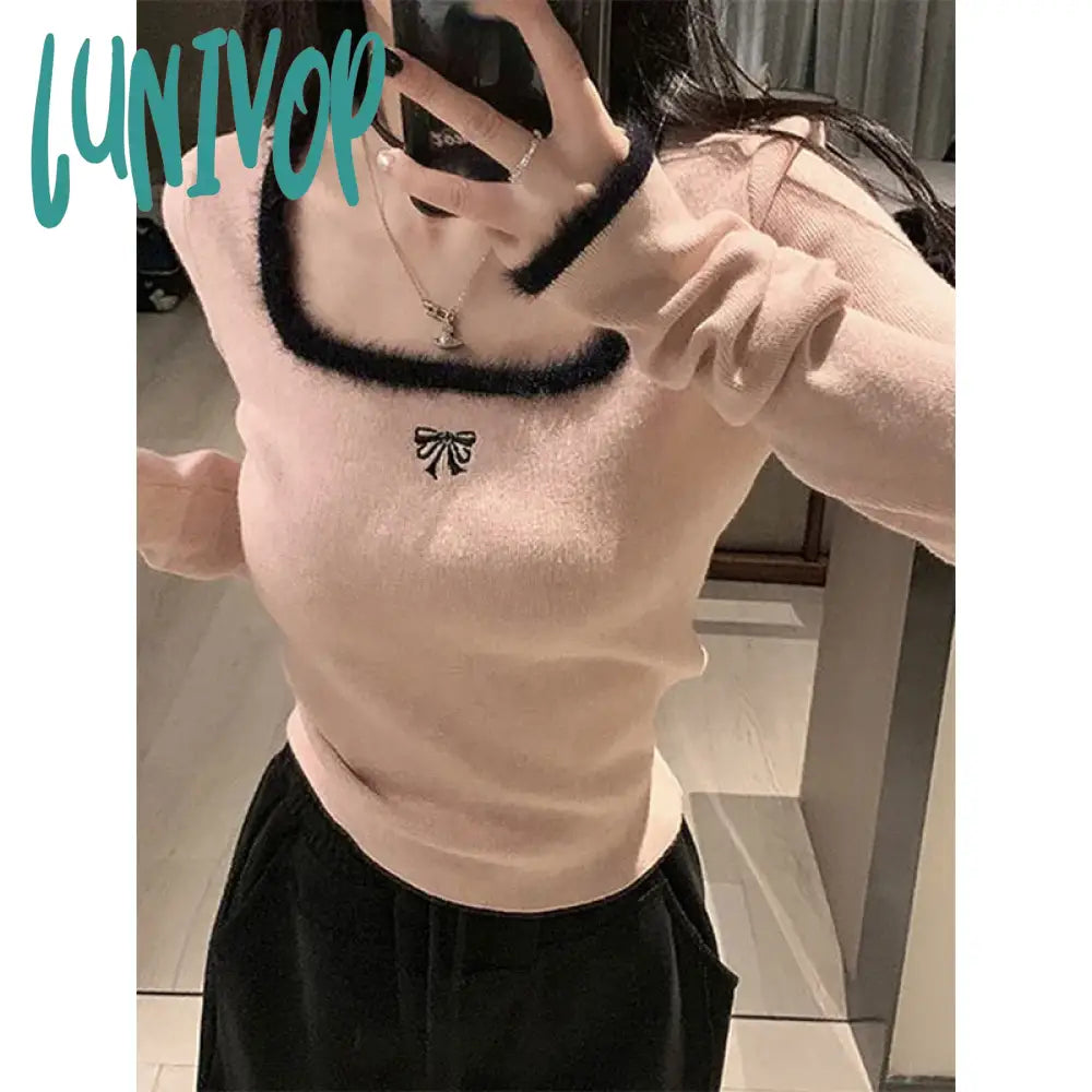 Lunivop Y2K Cropped Knitted Pullovers Women Square Collar Patchwork Sweater Korean Elegant Slim