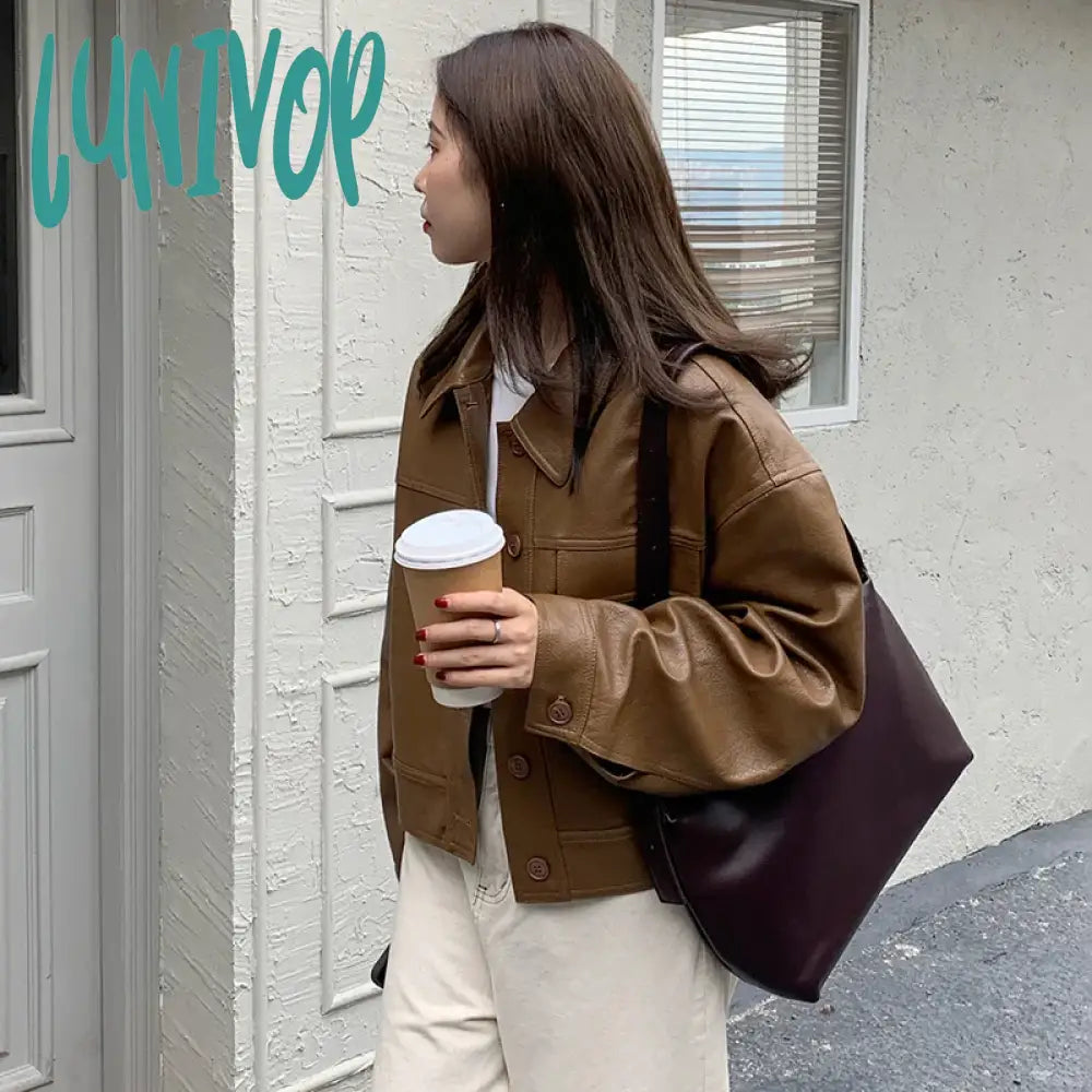 Lunivop Y2K Cropped Pu Leather Jacket Women Streetwear Black Motorcycle Coat Bf Harajuku Vintage