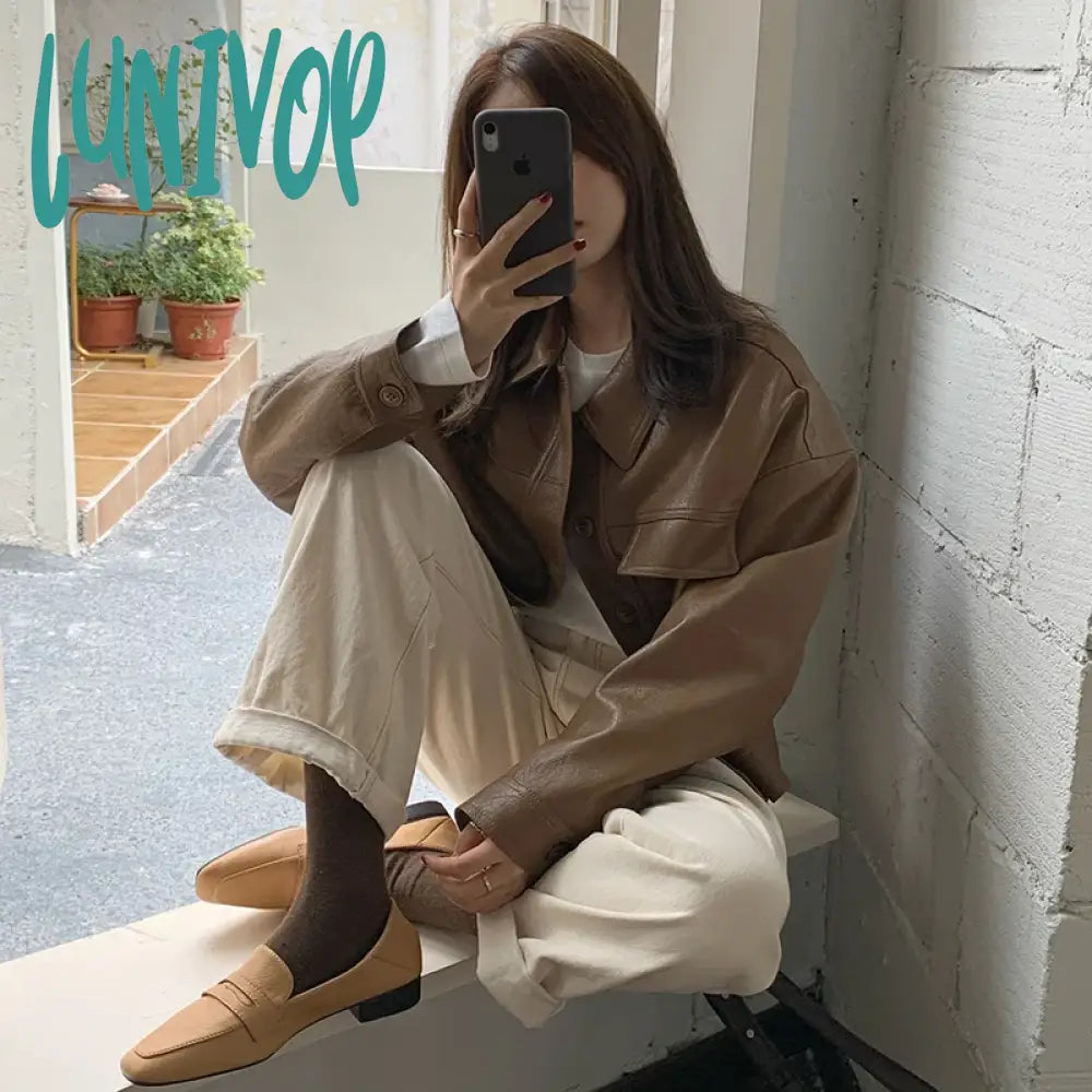 Lunivop Y2K Cropped Pu Leather Jacket Women Streetwear Black Motorcycle Coat Bf Harajuku Vintage