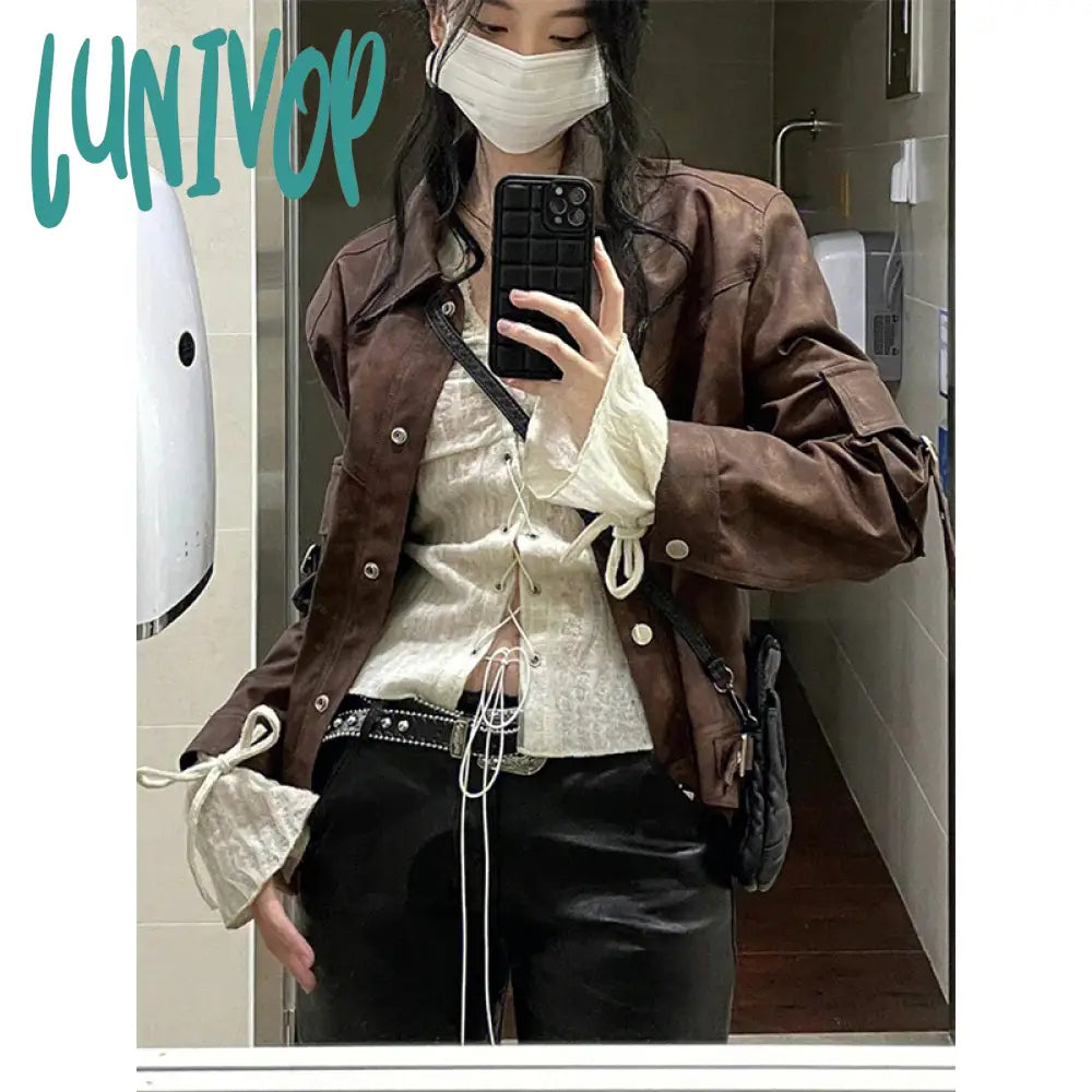 Lunivop Y2K Cropped Shirts Women Vintage Sexy V Neck Bandage Blouses Fairycore Aesthetic Flare Long