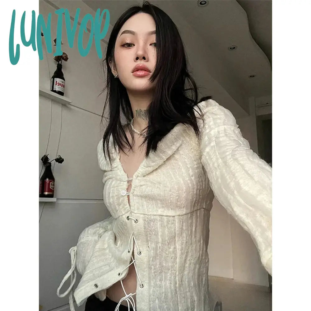 Lunivop Y2K Cropped Shirts Women Vintage Sexy V Neck Bandage Blouses Fairycore Aesthetic Flare Long