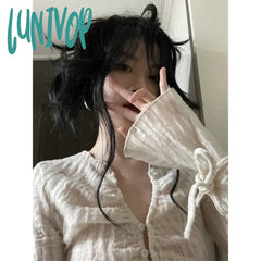 Lunivop Y2K Cropped Shirts Women Vintage Sexy V Neck Bandage Blouses Fairycore Aesthetic Flare Long