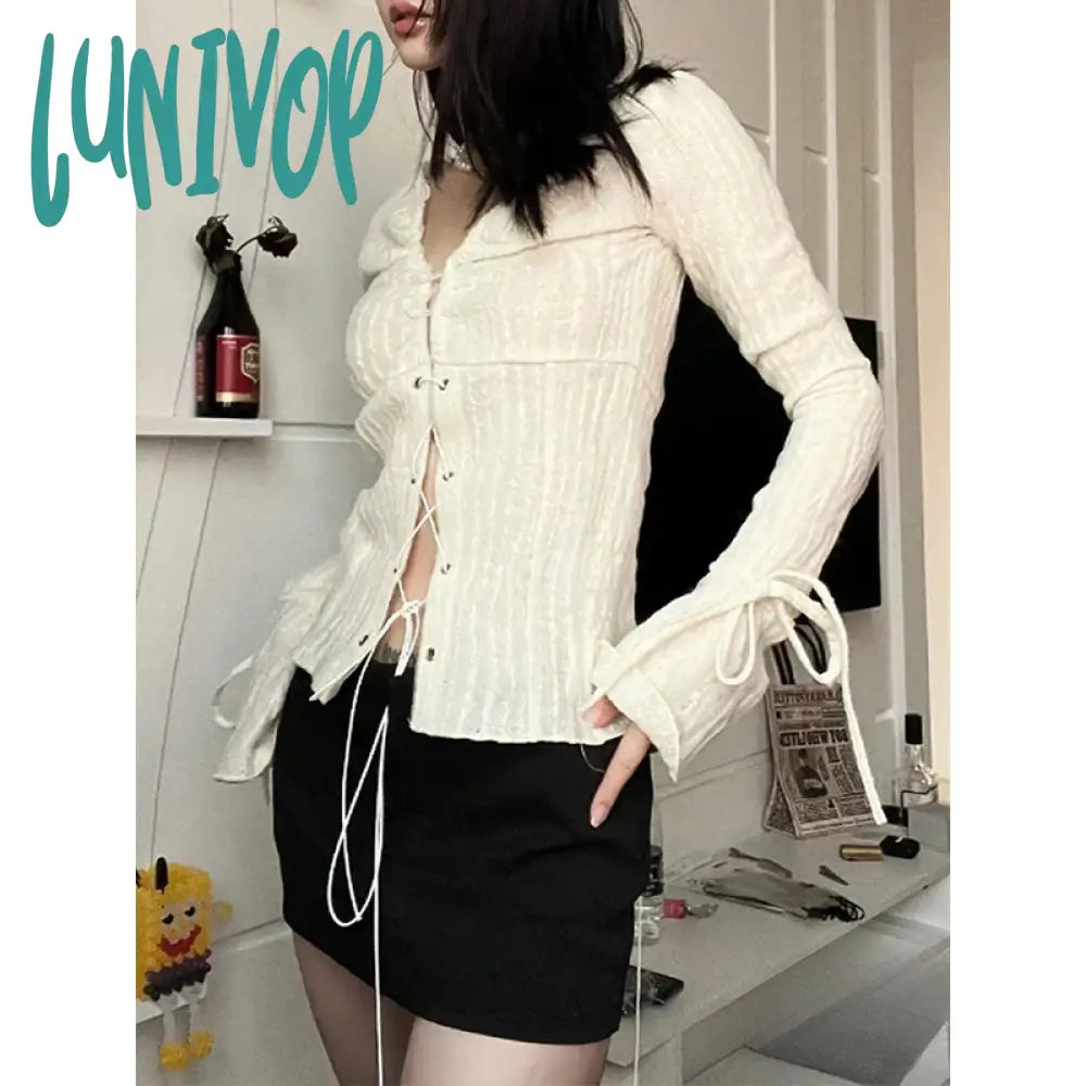 Lunivop Y2K Cropped Shirts Women Vintage Sexy V Neck Bandage Blouses Fairycore Aesthetic Flare Long