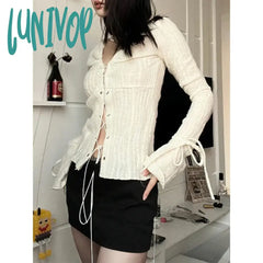 Lunivop Y2K Cropped Shirts Women Vintage Sexy V Neck Bandage Blouses Fairycore Aesthetic Flare Long