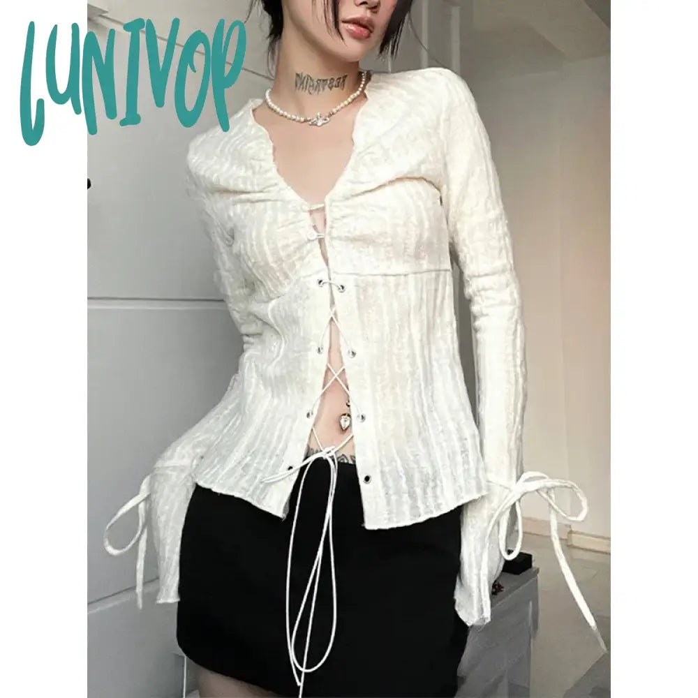 Lunivop Y2K Cropped Shirts Women Vintage Sexy V Neck Bandage Blouses Fairycore Aesthetic Flare Long