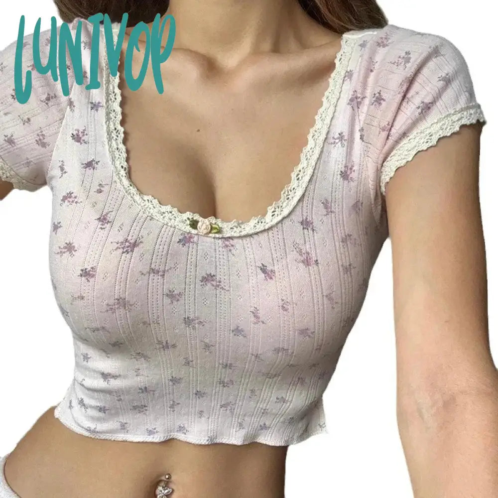 Lunivop Y2K Cute Floral T-Shirts Women Summer Short Sleeve Lace Trim O-Neck Crop Tops Tee For Sweet