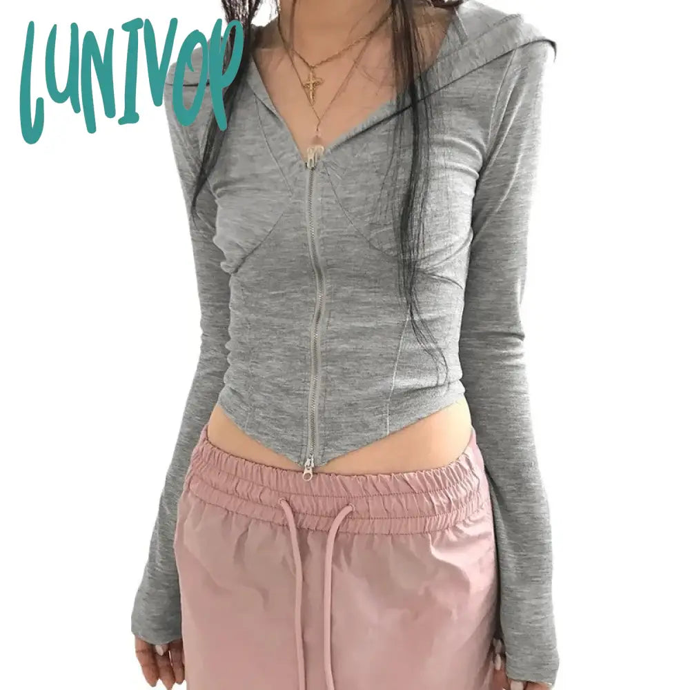 Lunivop Y2K Double Zip-Up Hooded Top Autumn Spring Thin Fabric Skinny Hoodie Korean Fashion Long