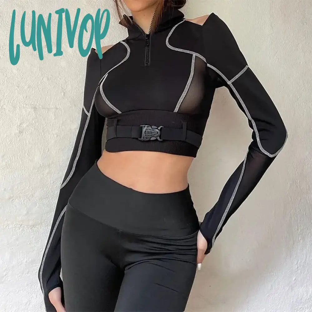 Lunivop Y2K E-Girl Emo T-Shirt Women Buckle Patchwork Hollow Long Sleeve Cyberpunk Streetwear Mall