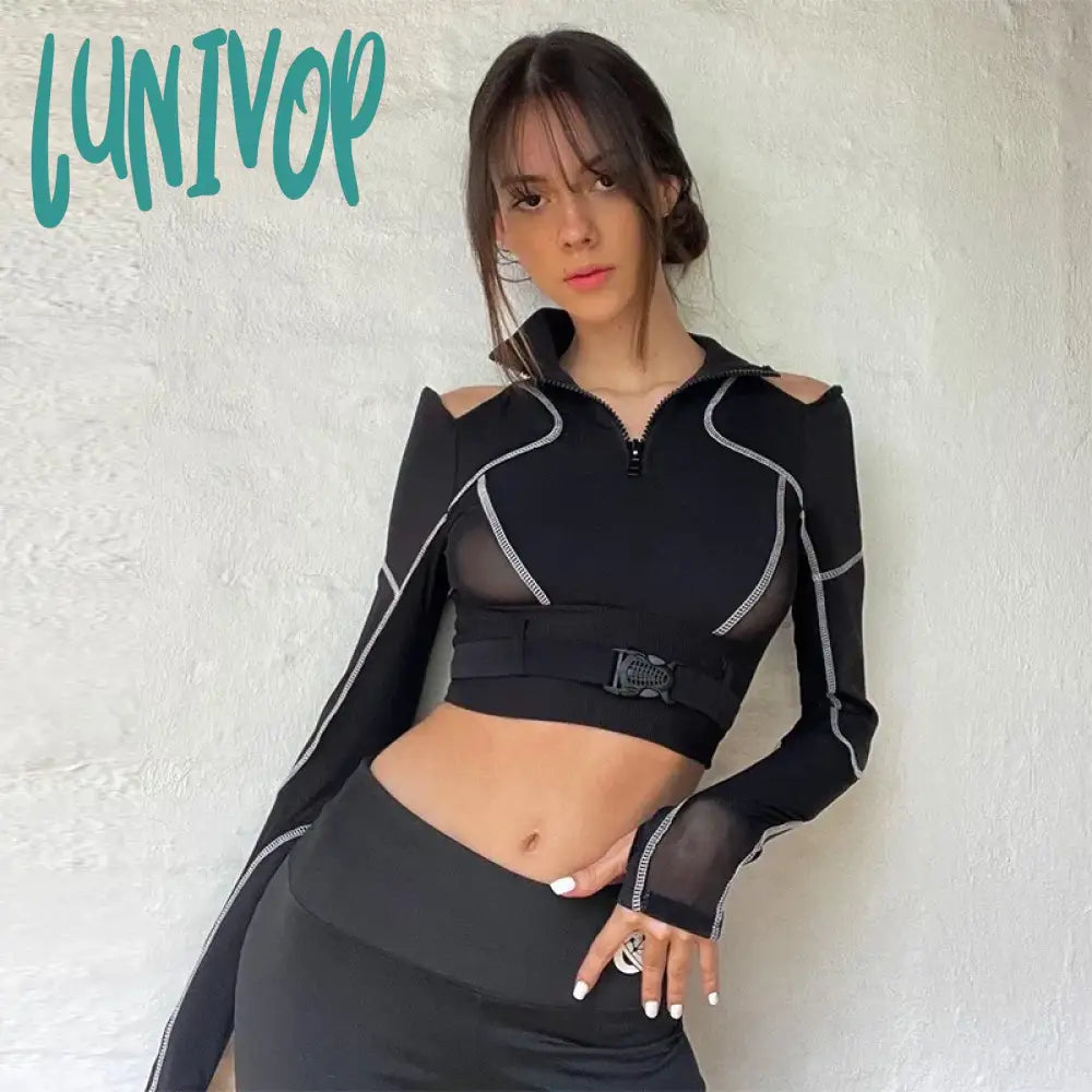 Lunivop Y2K E-Girl Emo T-Shirt Women Buckle Patchwork Hollow Long Sleeve Cyberpunk Streetwear Mall