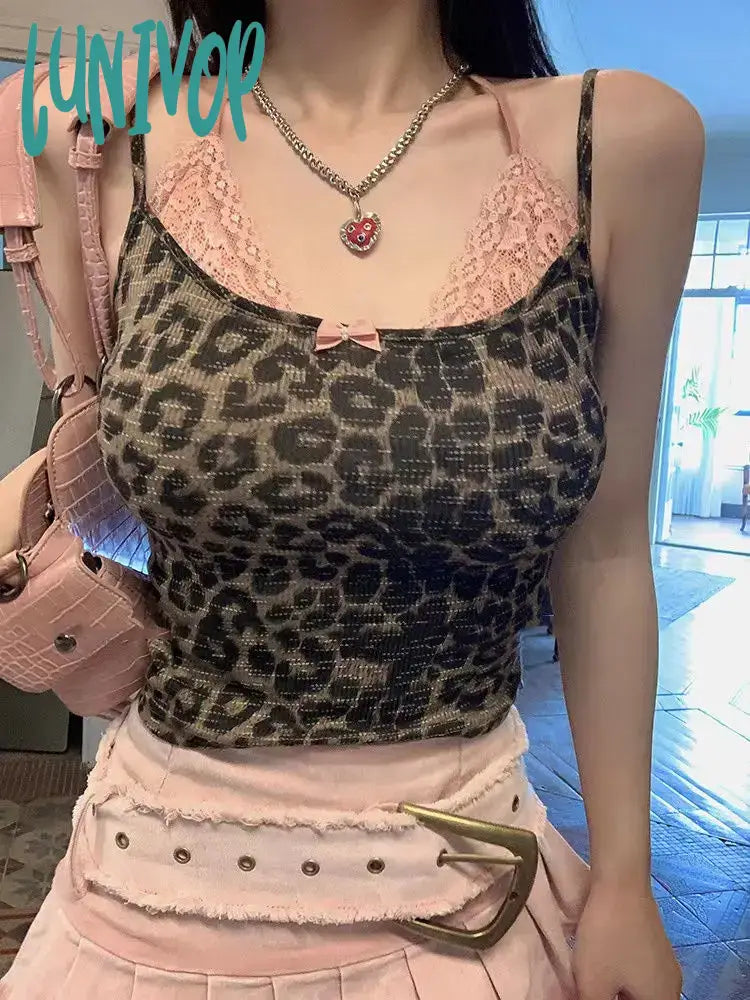 Lunivop Y2K E-Girl Fake Two Piece Lace Patchwork Camisole Tops Vintage Leopard Slim Fit Tank Top