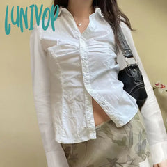 Lunivop Y2K Elegant Fashion Solid Folds Blouse Casual Slim Turn-Down Collar Long Sleeve Shirts