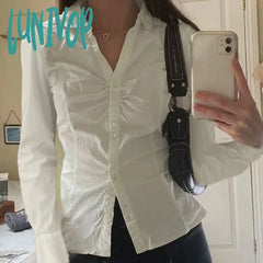 Lunivop Y2K Elegant Fashion Solid Folds Blouse Casual Slim Turn-Down Collar Long Sleeve Shirts