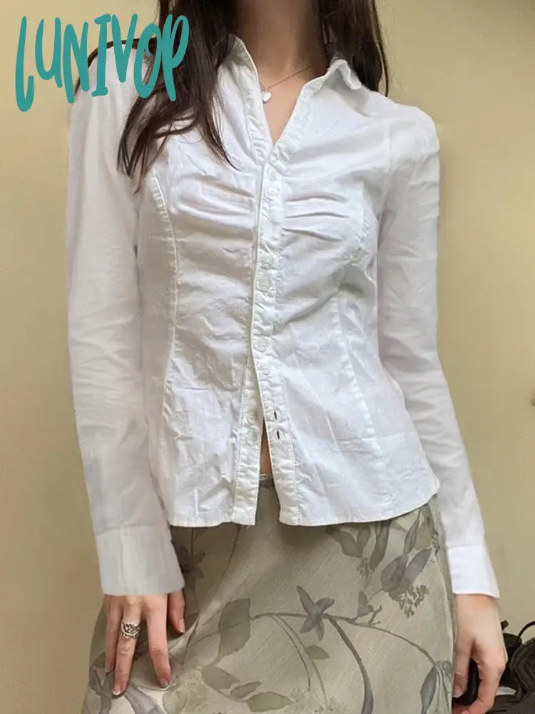 Lunivop Y2K Elegant Fashion Solid Folds Blouse Casual Slim Turn-Down Collar Long Sleeve Shirts