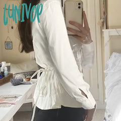 Lunivop Y2K Elegant Fashion Solid Folds Blouse Casual Slim Turn-Down Collar Long Sleeve Shirts