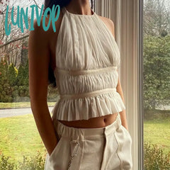 Lunivop Y2K Fairycore Vintage Ruffle Vest Club Party Sexy Backless Tie-Up Crop Top Chic Elegant