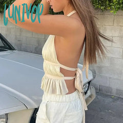 Lunivop Y2K Fairycore Vintage Ruffle Vest Club Party Sexy Backless Tie-Up Crop Top Chic Elegant