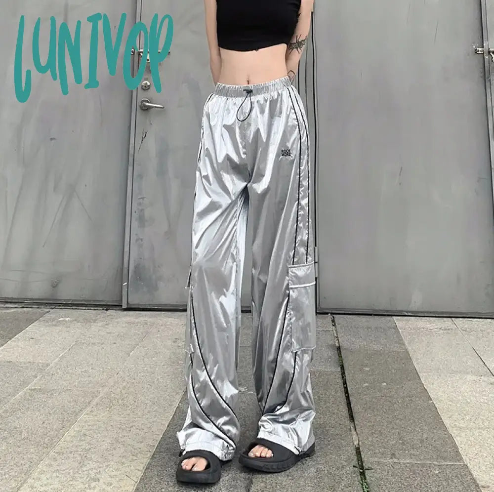 Lunivop Y2K Fashion Women Street Metallic Holographic Drawstring Hem Flap Pocket Side Wide Leg