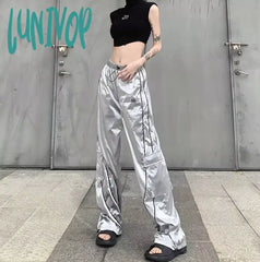 Lunivop Y2K Fashion Women Street Metallic Holographic Drawstring Hem Flap Pocket Side Wide Leg