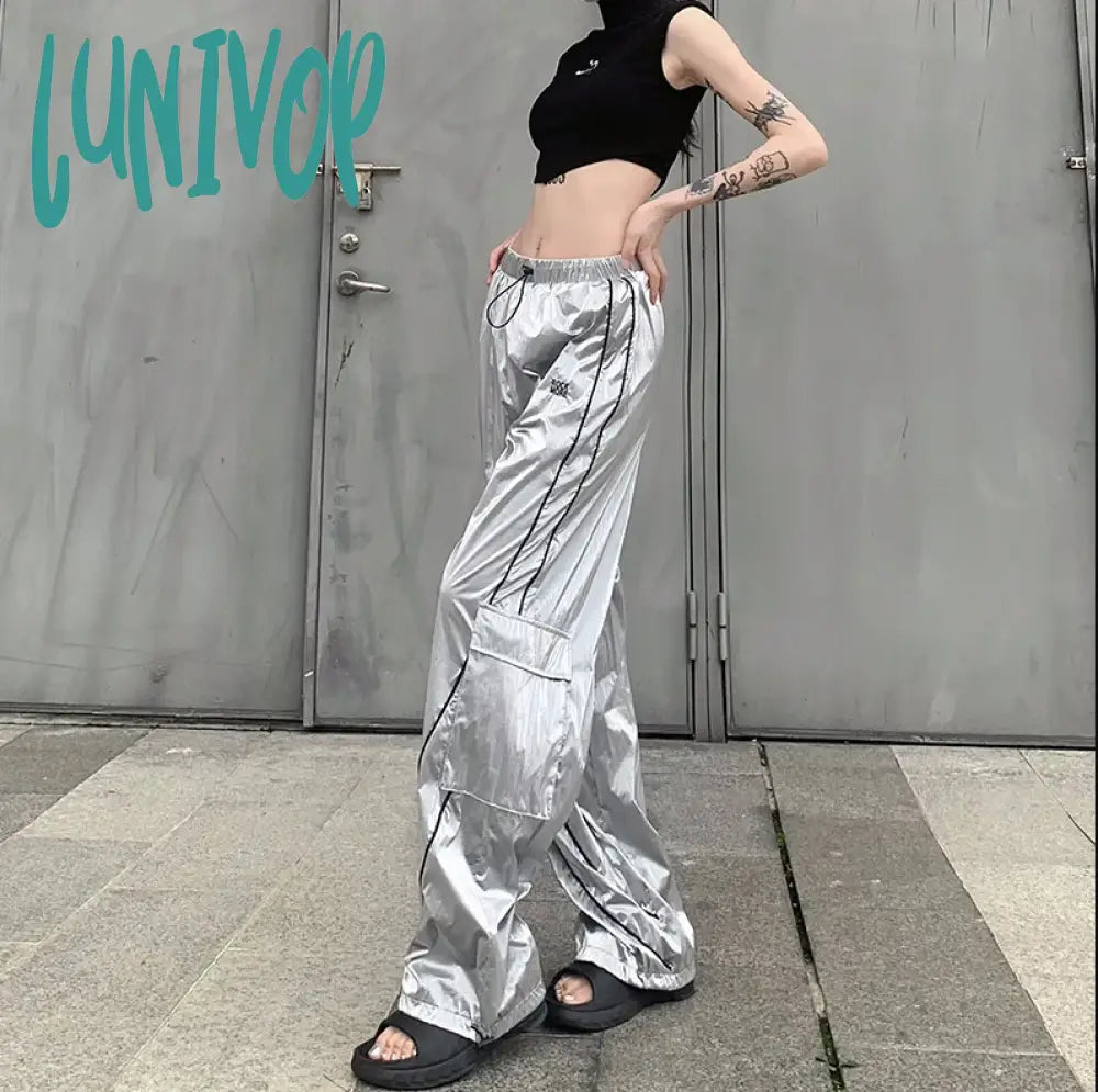 Lunivop Y2K Fashion Women Street Metallic Holographic Drawstring Hem Flap Pocket Side Wide Leg