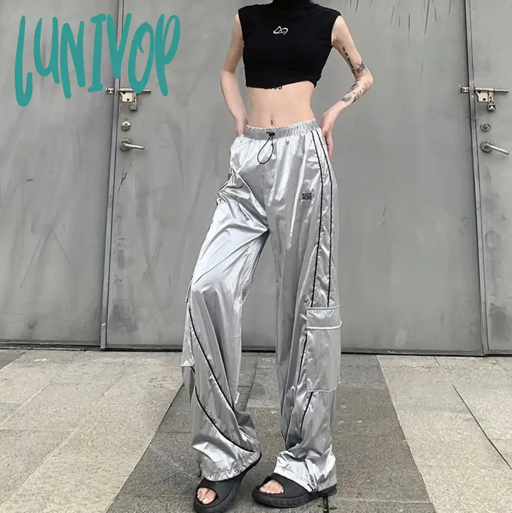 Lunivop Y2K Fashion Women Street Metallic Holographic Drawstring Hem Flap Pocket Side Wide Leg