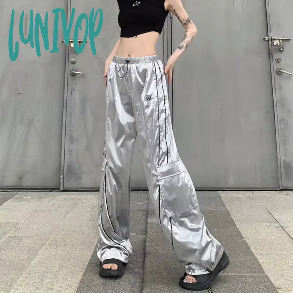 Lunivop Y2K Fashion Women Street Metallic Holographic Drawstring Hem Flap Pocket Side Wide Leg