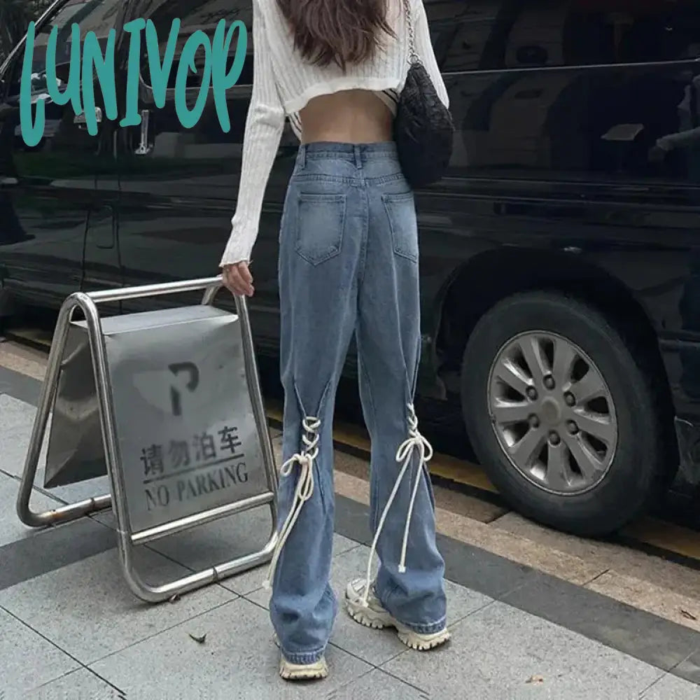 Lunivop Y2K Flare Jeans Women Streetwear Bandage Wide Leg Denim Pants Harajuku Korean High Waist