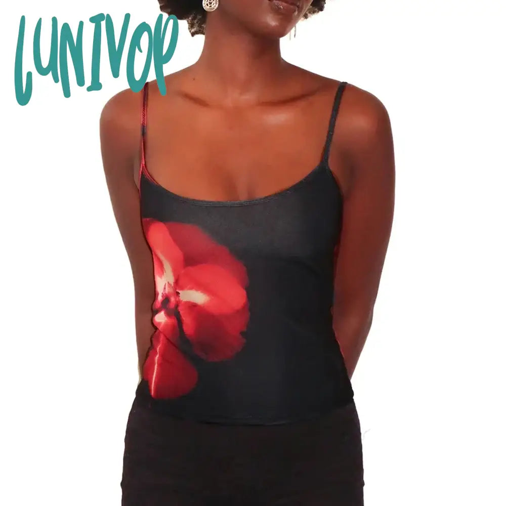 Lunivop Y2K Floral Print Tank Tops For Women Vintage Slim Spaghetti Strap Backless Crop Top