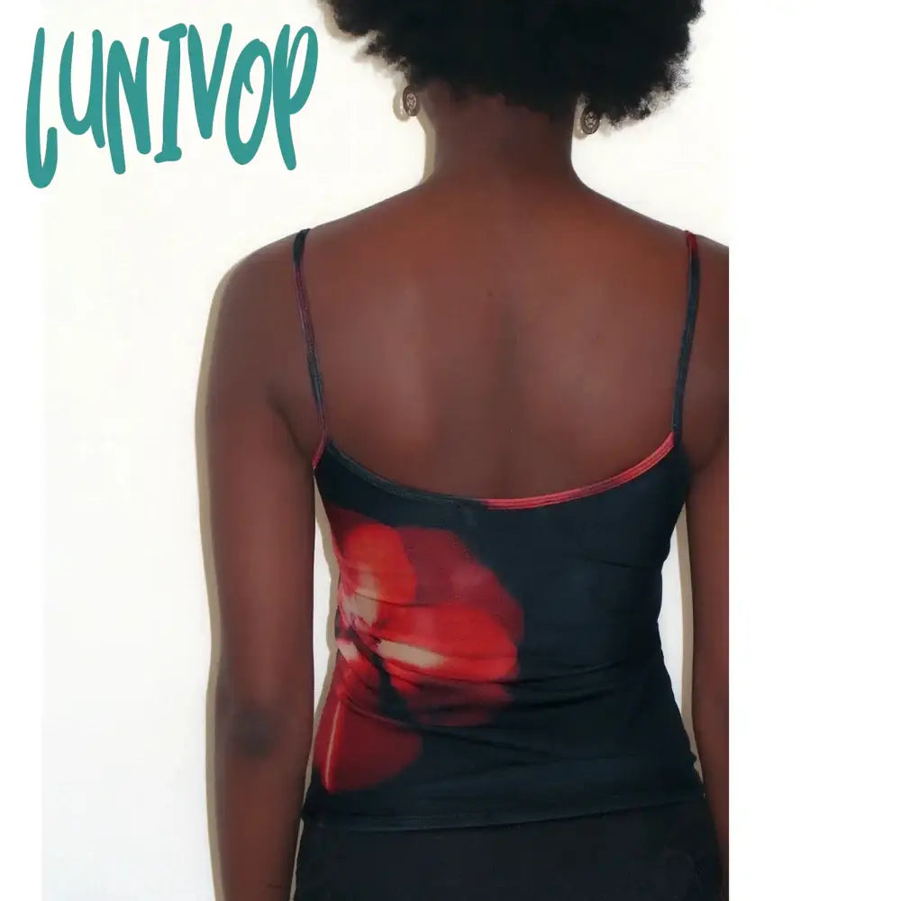 Lunivop Y2K Floral Print Tank Tops For Women Vintage Slim Spaghetti Strap Backless Crop Top