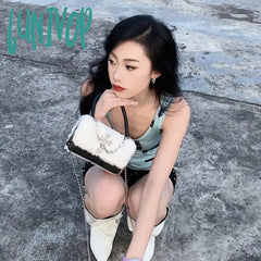 Lunivop Y2K Gothic Handbag For Women Soft Plush Cross Applique Chain Shoulder Bag Hot Girls Hip Hop