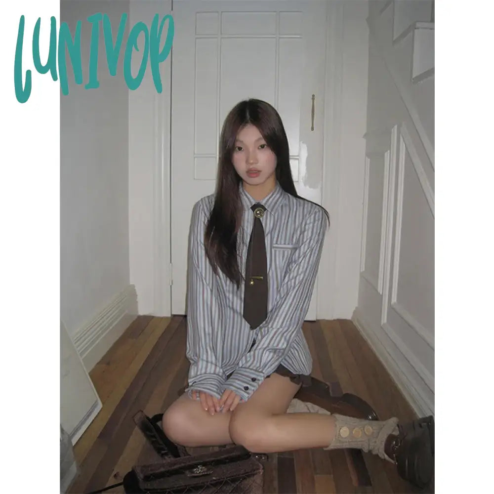 Lunivop Y2K Harajuku Striped Shirts Women Vintage Streetwear Tie Long Sleeve Blouses Korean Preppy